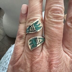 Native American inlaid turquoise sterling silver bypass ring